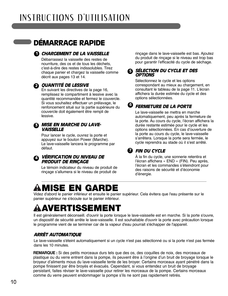 Mise en garde, Avertissement, Démarrage rapide | LG LSDF795ST User Manual | Page 58 / 72