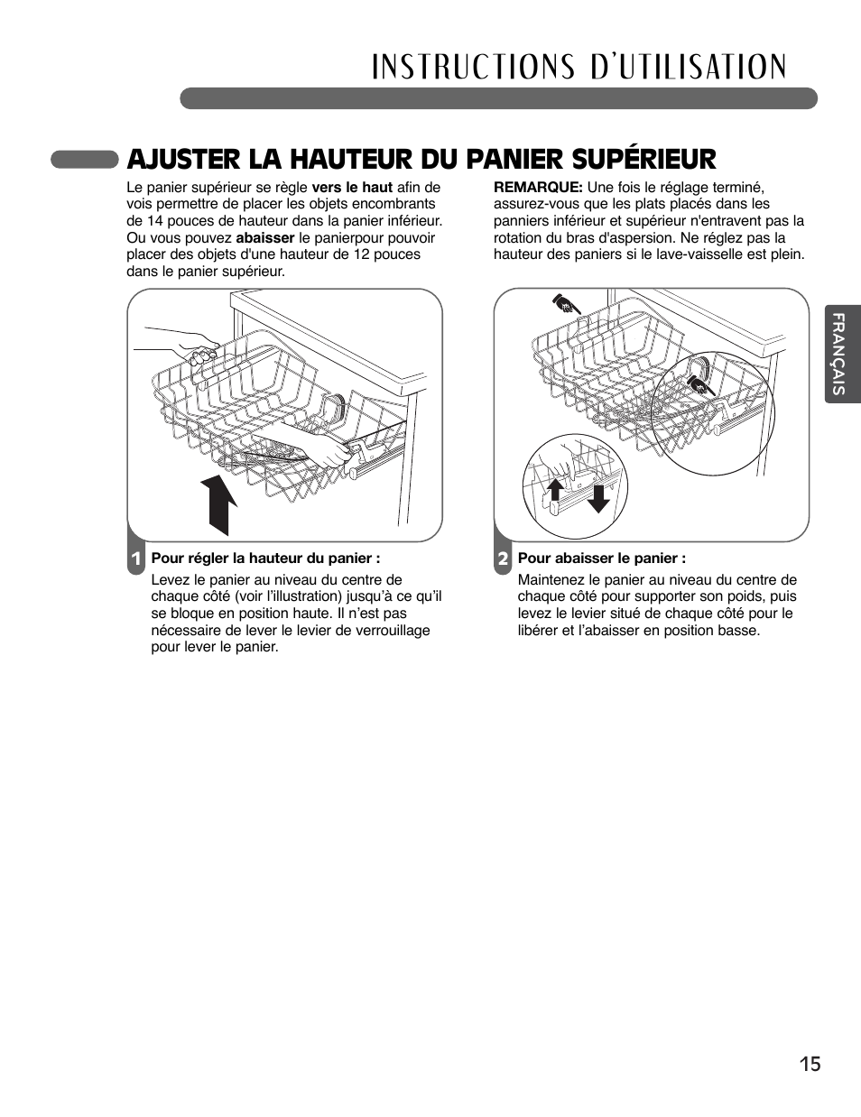 Ajuster la hauteur du panier supérieur | LG LSDF795ST User Manual | Page 63 / 72