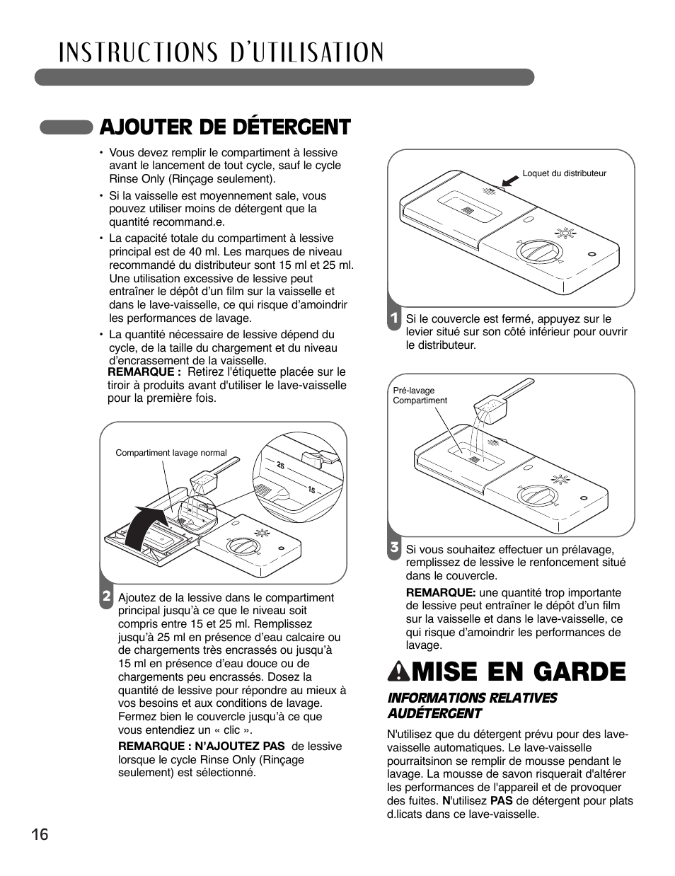 Mise en garde, Ajouter de détergent | LG LSDF795ST User Manual | Page 64 / 72