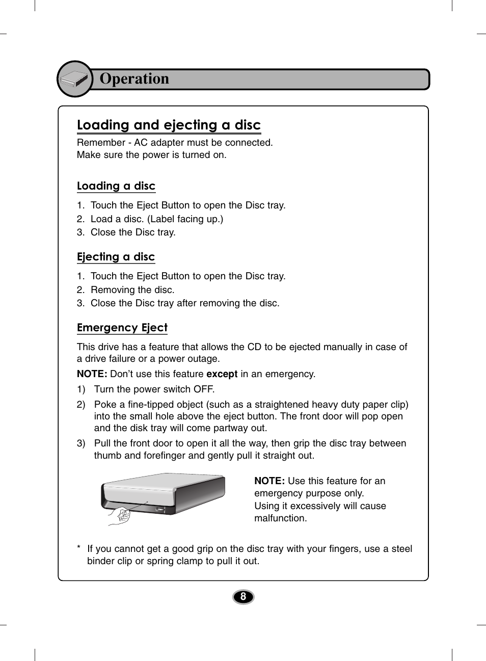 Operation, Loading and ejecting a disc | LG BE12LU38 User Manual | Page 11 / 15