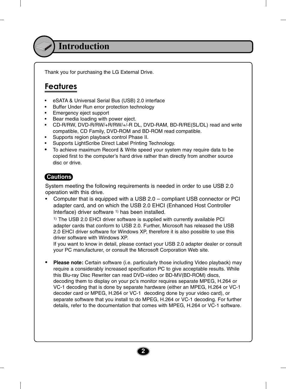Introduction, Features | LG BE12LU38 User Manual | Page 5 / 15