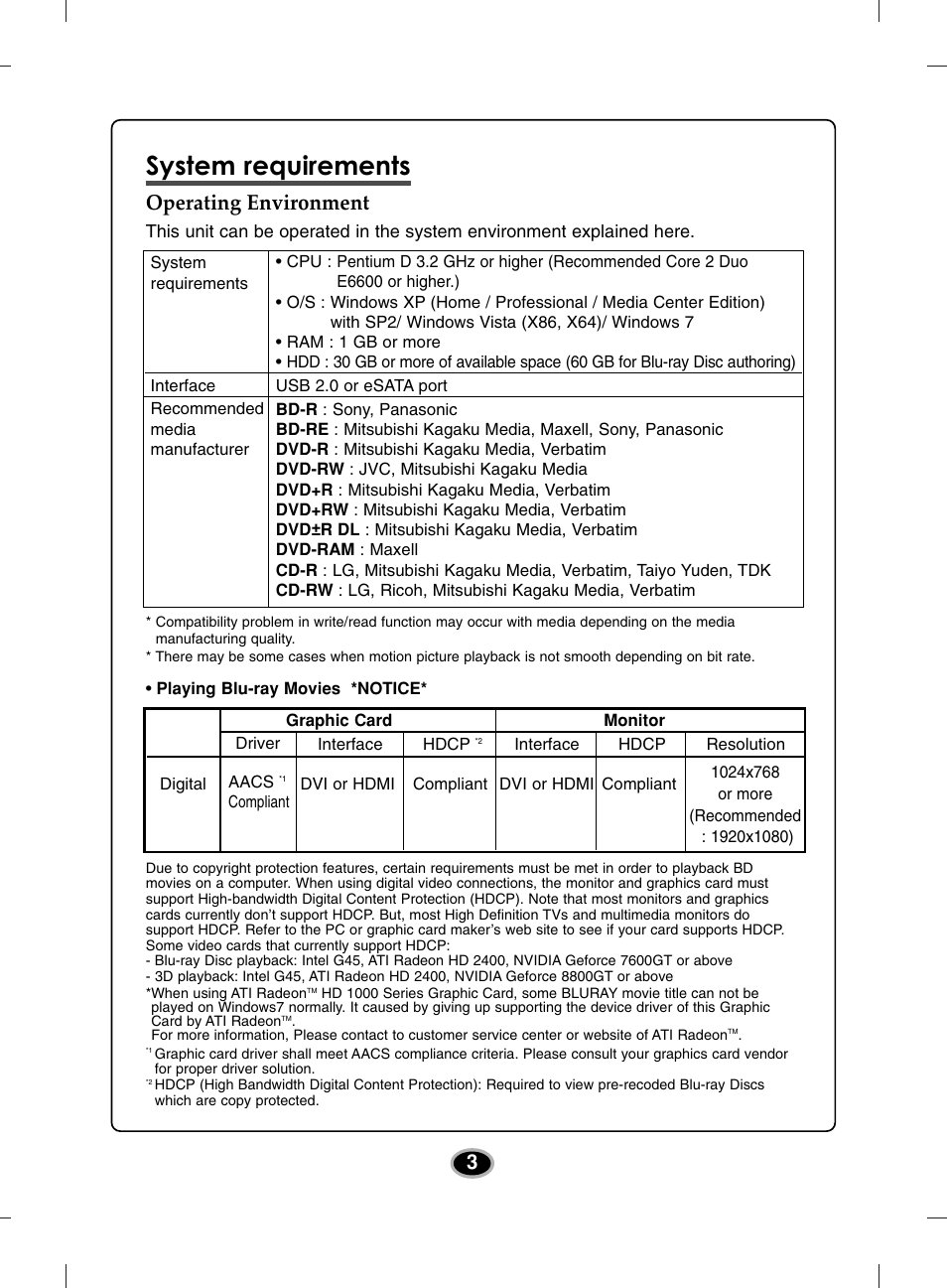 System requirements, Operating environment | LG BE12LU38 User Manual | Page 6 / 15