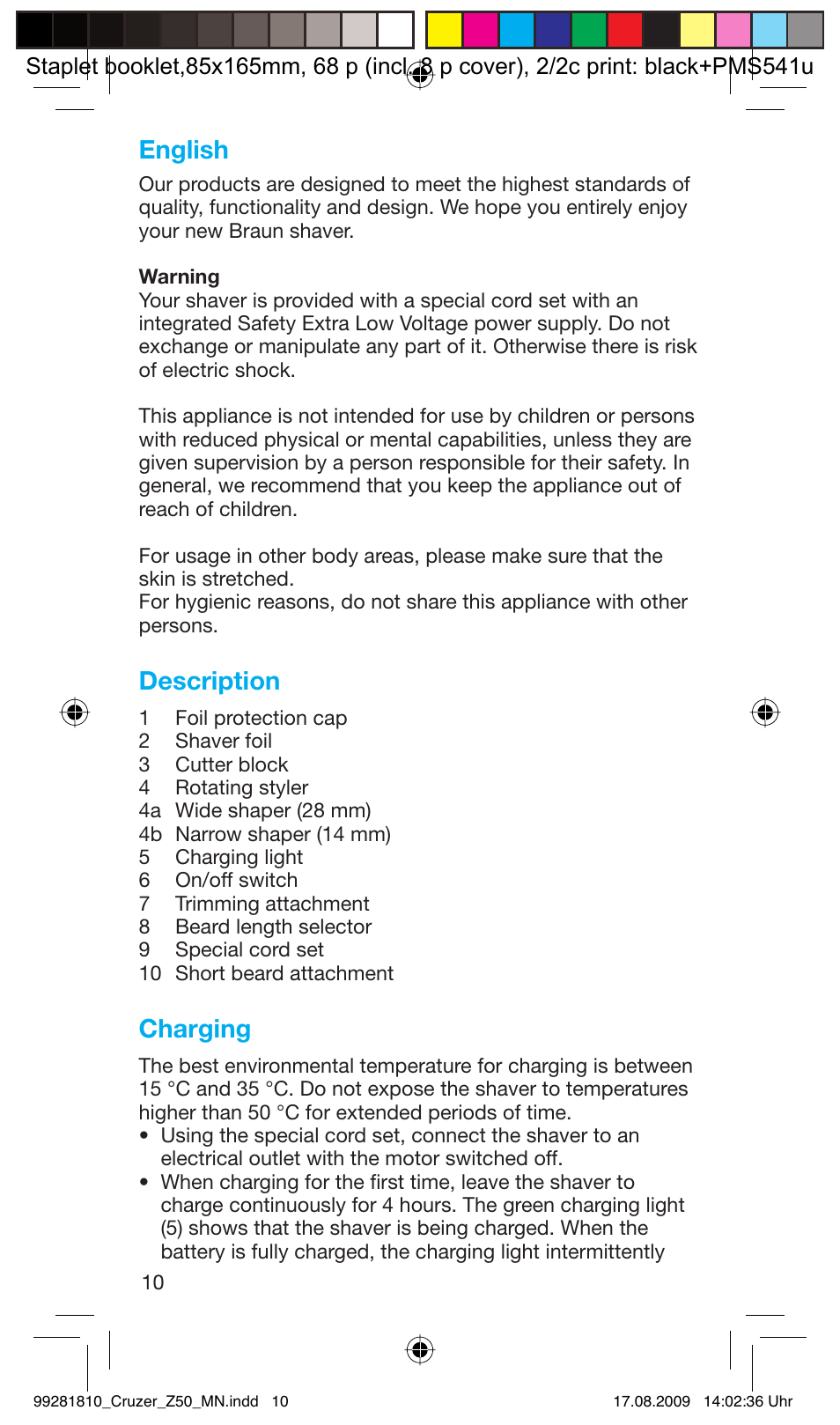 English, Description, Charging | Braun Z50-5734 CruZer3 User Manual | Page 10 / 66
