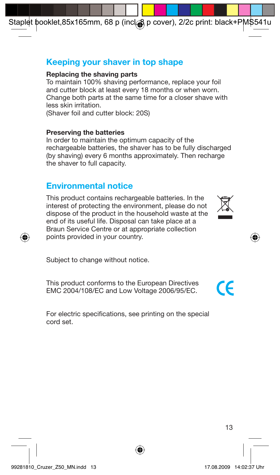 Keeping your shaver in top shape, Environmental notice | Braun Z50-5734 CruZer3 User Manual | Page 13 / 66