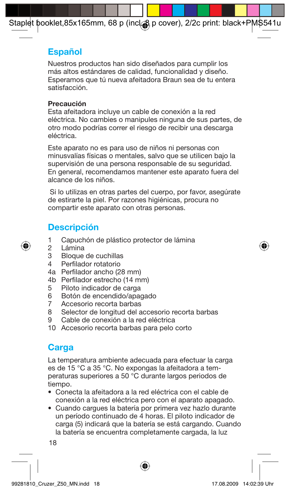 Español, Descripción, Carga | Braun Z50-5734 CruZer3 User Manual | Page 18 / 66
