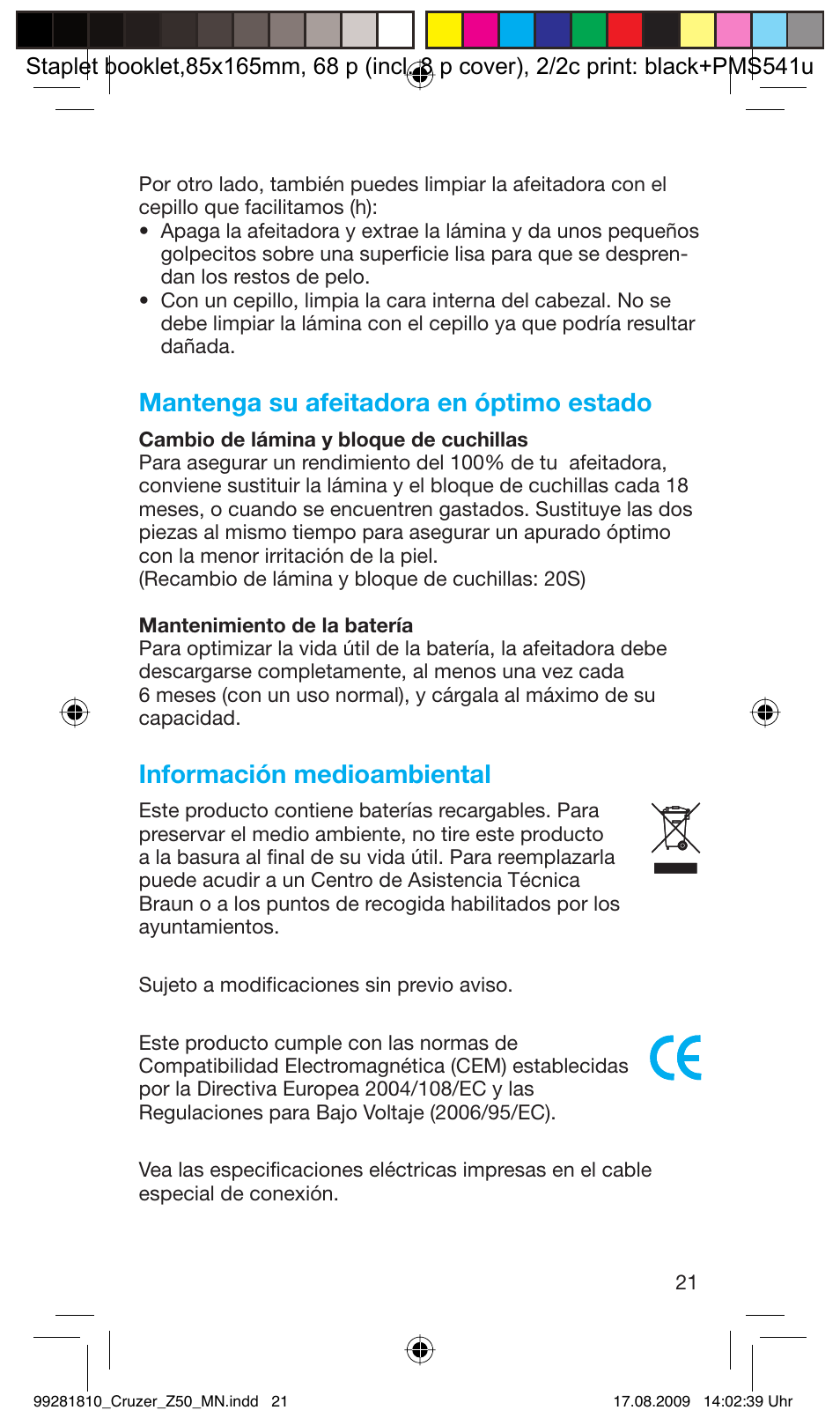 Mantenga su afeitadora en óptimo estado, Información medioambiental | Braun Z50-5734 CruZer3 User Manual | Page 21 / 66
