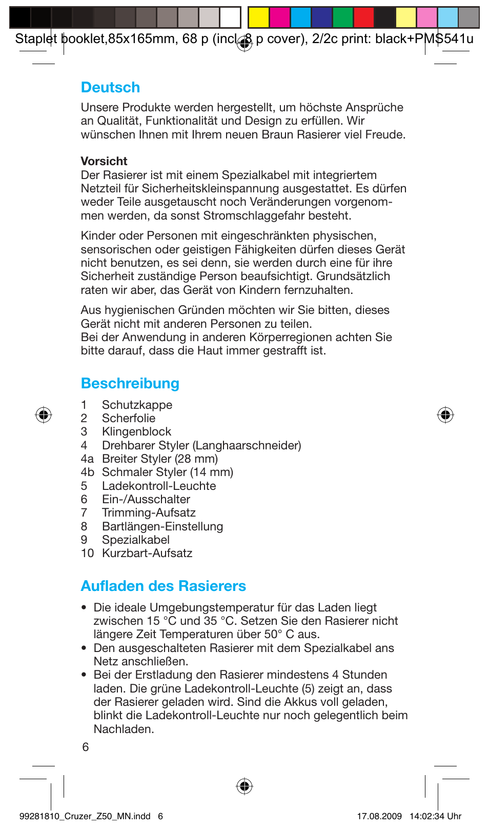 Deutsch, Beschreibung, Aufladen des rasierers | Braun Z50-5734 CruZer3 User Manual | Page 6 / 66