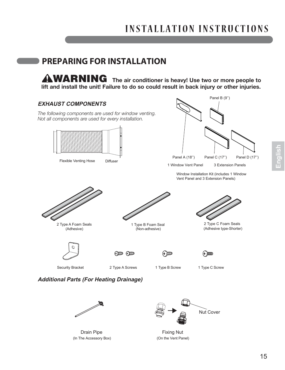 Warning, Preparing for installation, English | Exhaust components, Additional parts (for heating drainage) | LG LP1414SHR User Manual | Page 15 / 32