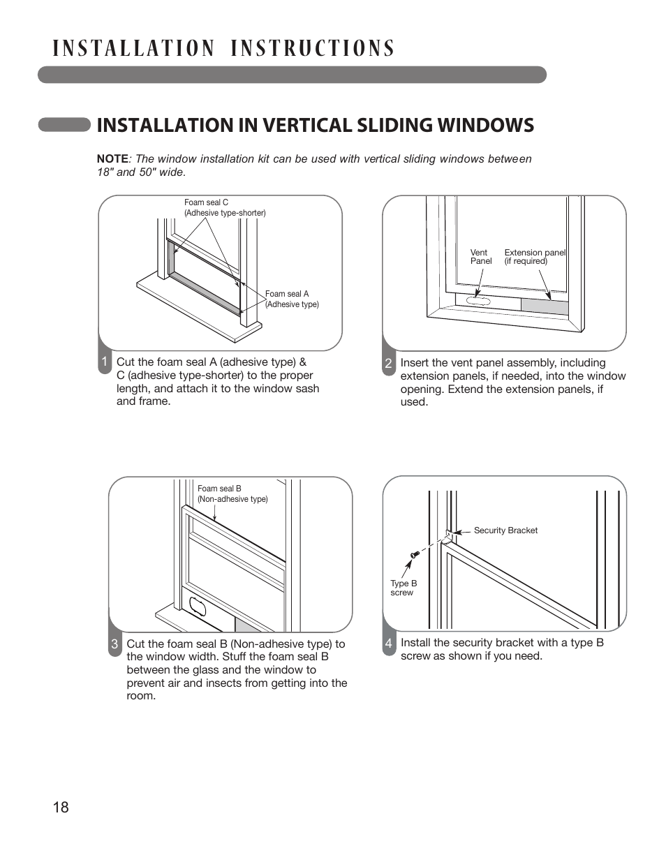 Installation in vertical sliding windows | LG LP1414SHR User Manual | Page 18 / 32