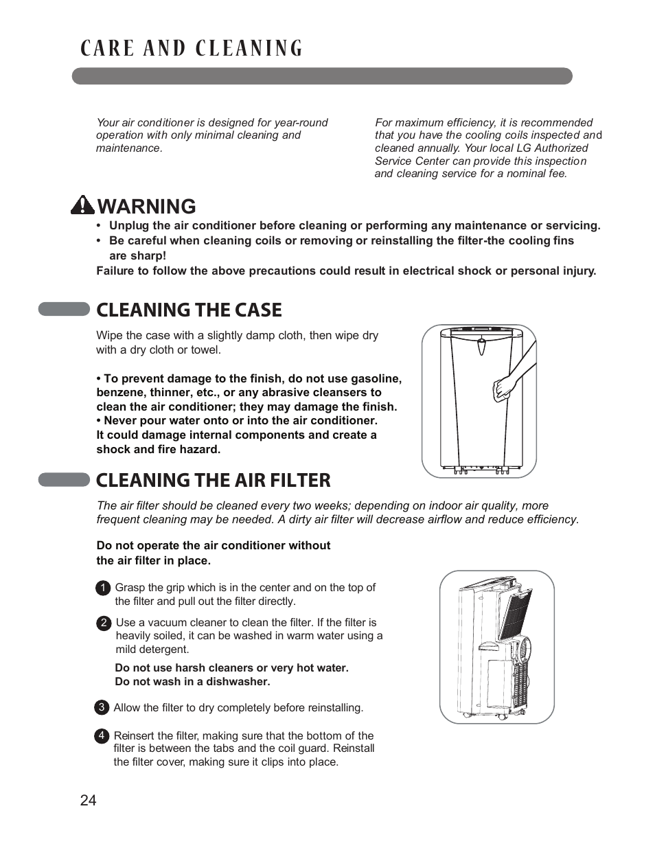 Warning, Cleaning the case, Cleaning the air filter | LG LP1414SHR User Manual | Page 24 / 32