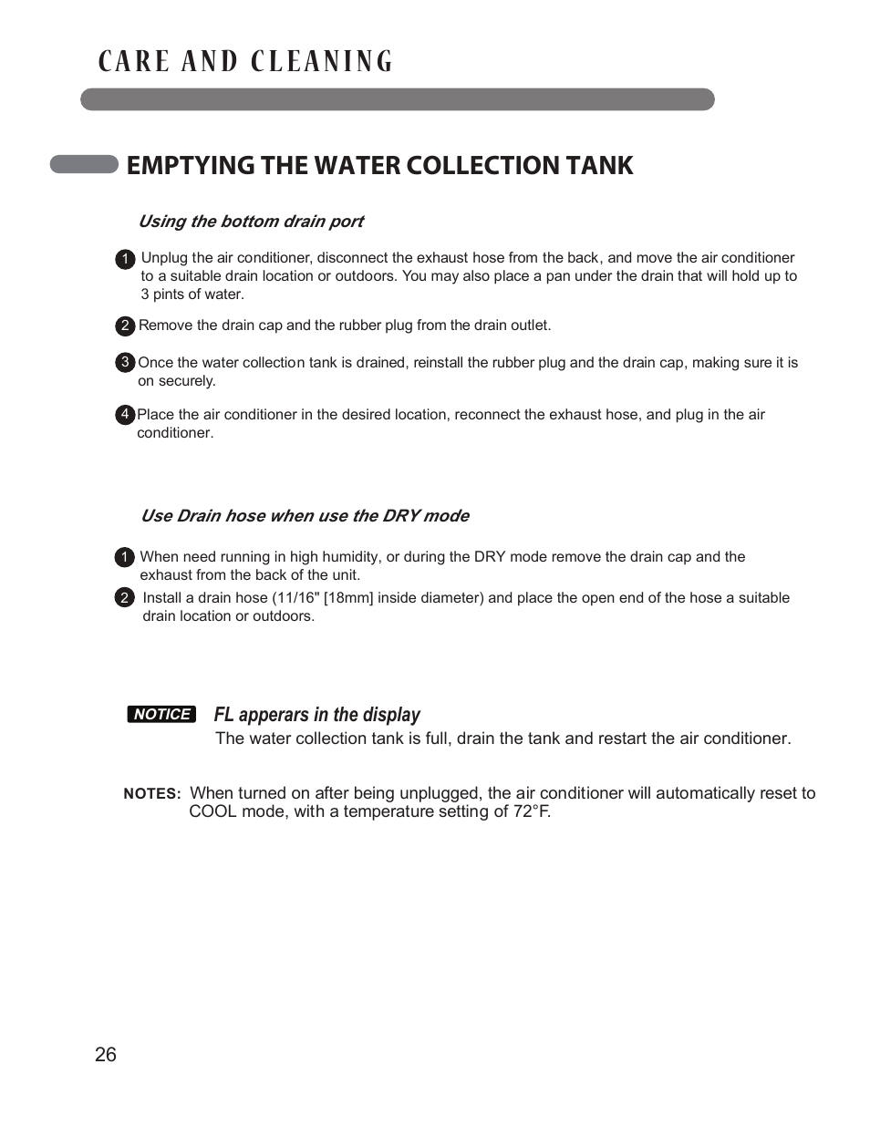 Emptying the water collection tank, Fl apperars in the display | LG LP1414SHR User Manual | Page 26 / 32