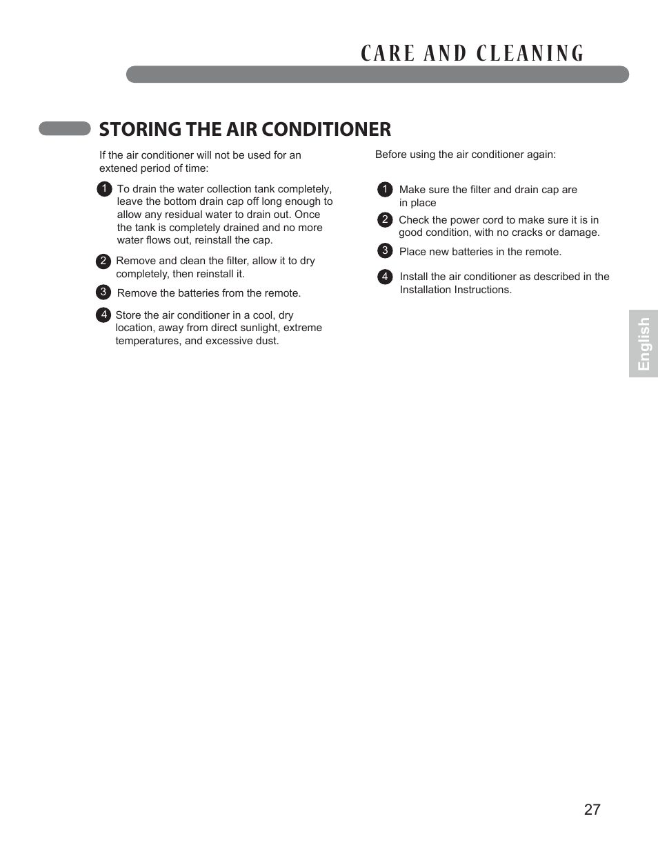 Storing the air conditioner, 27 english | LG LP1414SHR User Manual | Page 27 / 32