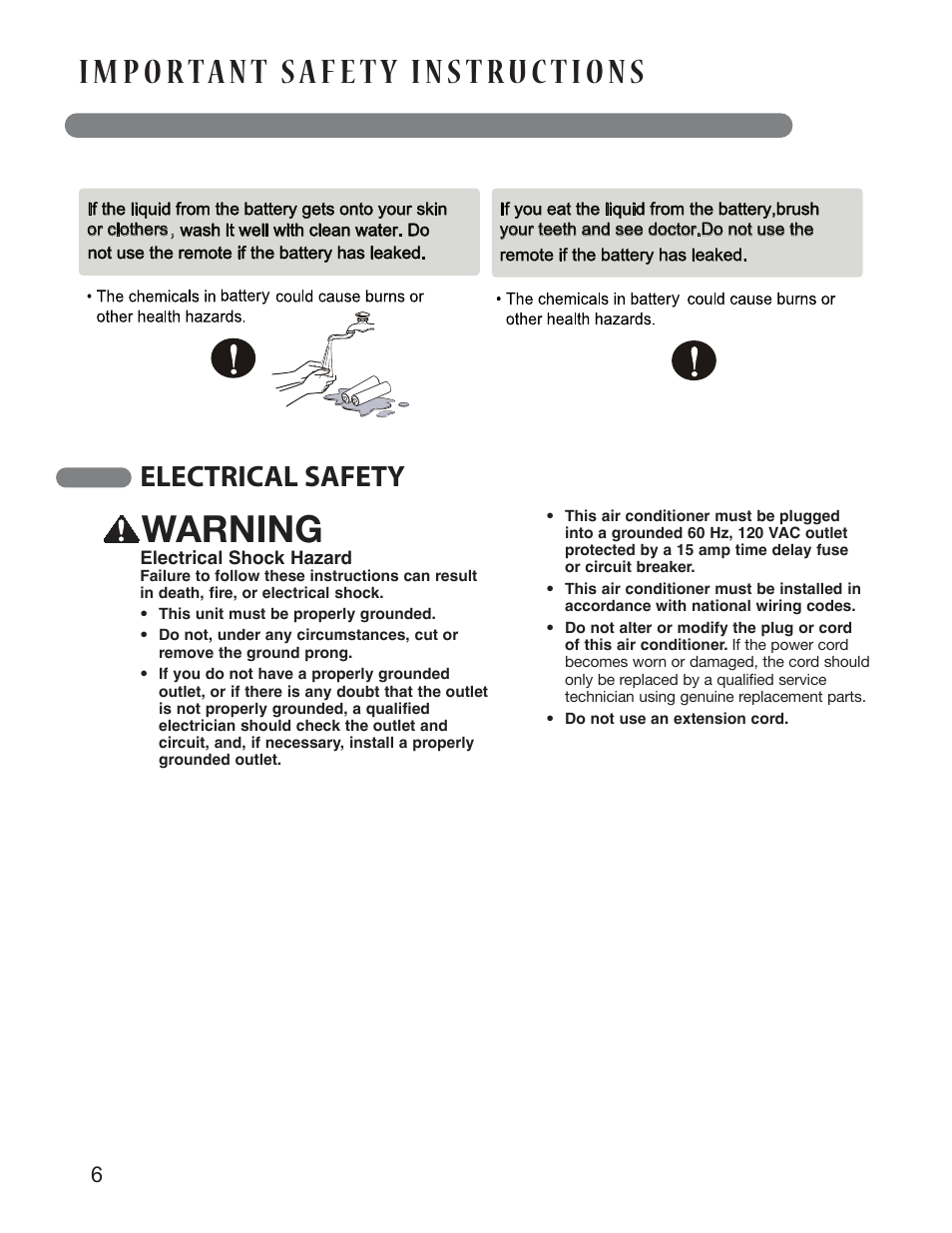 Warning, Electrical safety | LG LP1414SHR User Manual | Page 6 / 32