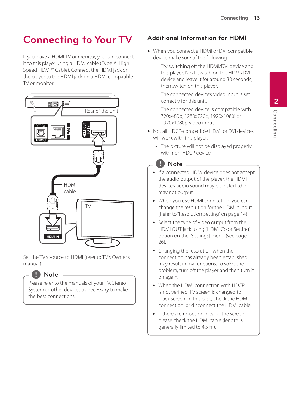 2 connecting, Connecting to your tv | LG BP730 User Manual | Page 13 / 73