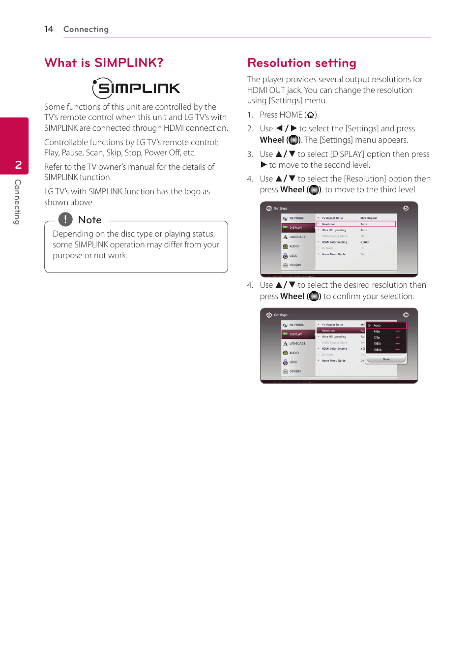 What is simplink, Resolution setting, 14 – what is simplink? 14 – resolution setting | LG BP730 User Manual | Page 14 / 73