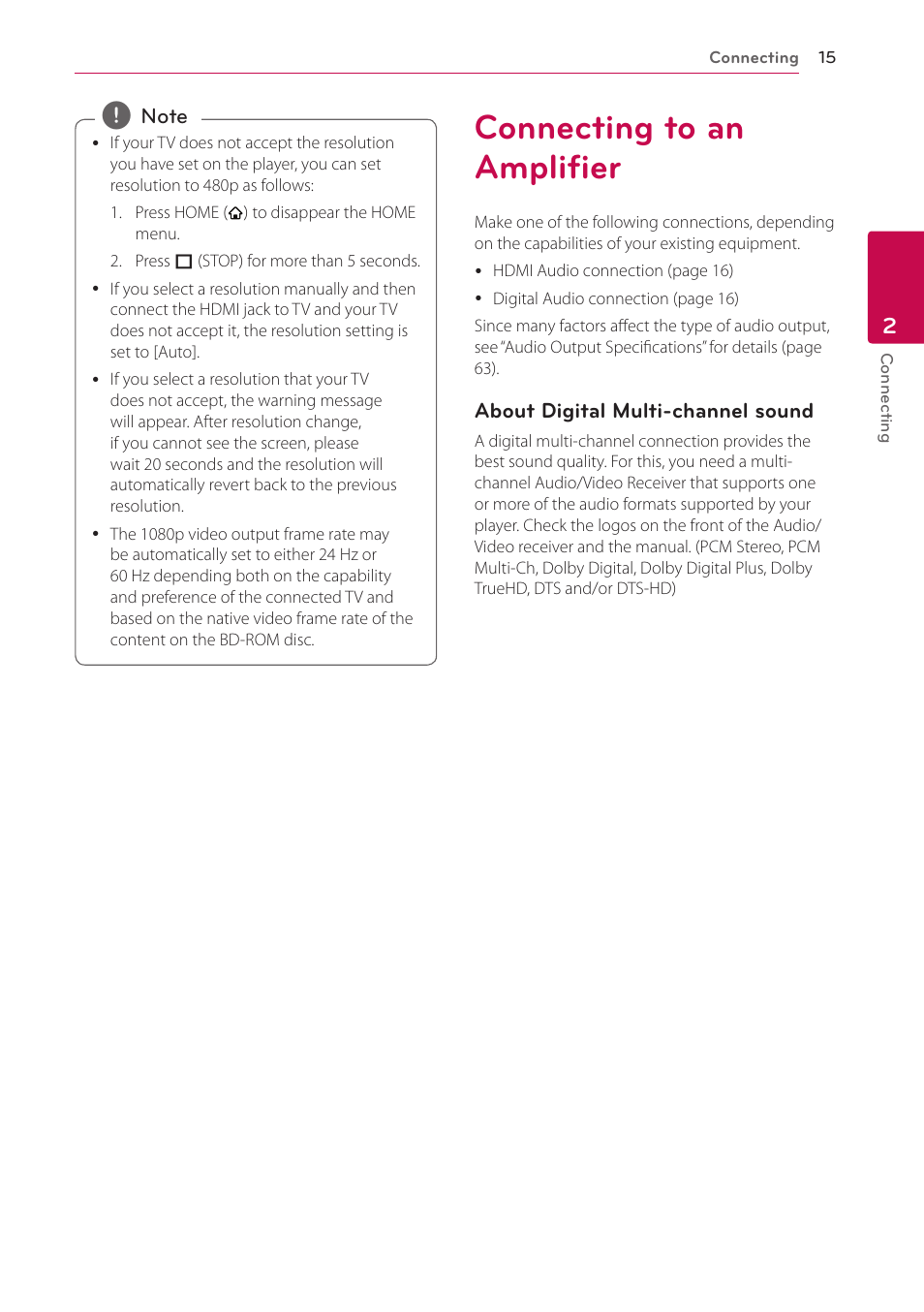 Connecting to an amplifier | LG BP730 User Manual | Page 15 / 73