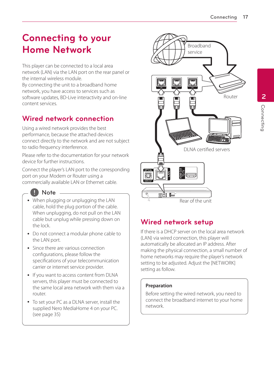 Connecting to your home network, Wired network connection, Wired network setup | LG BP730 User Manual | Page 17 / 73