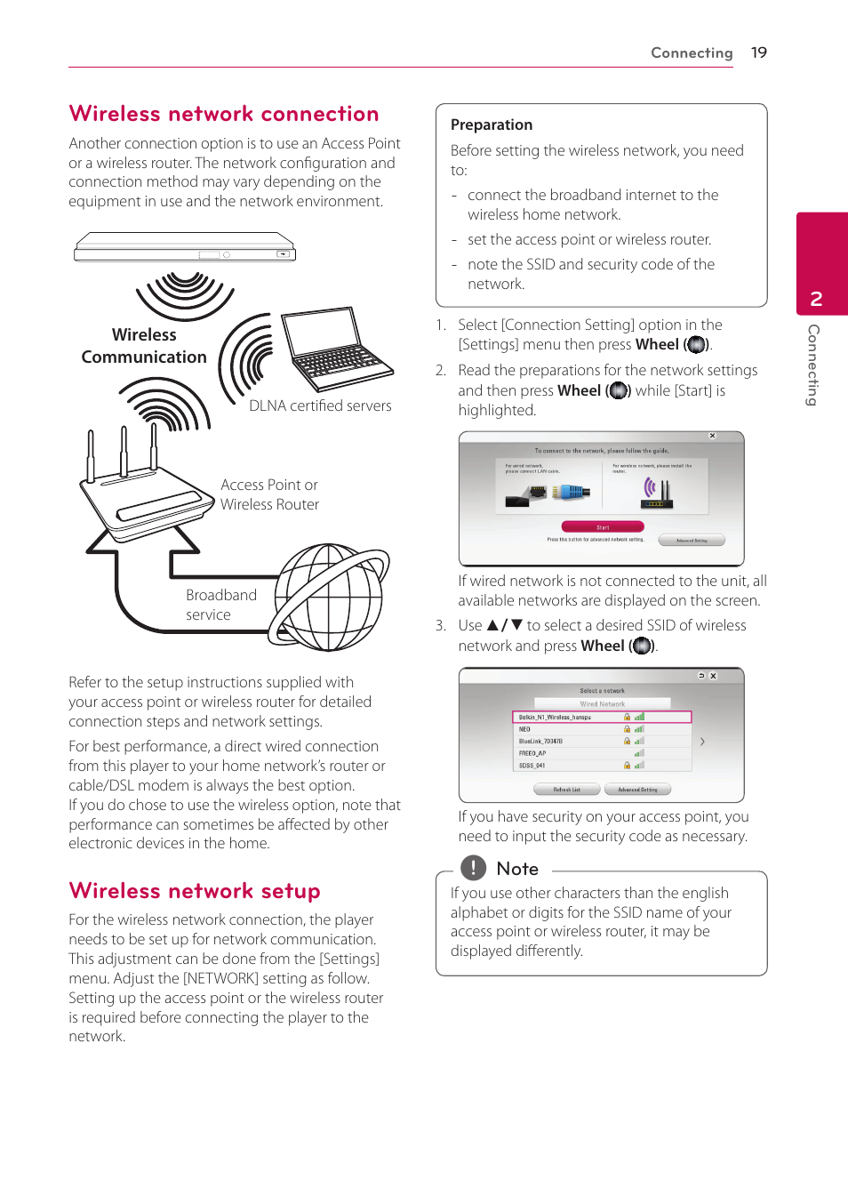Wireless network connection, Wireless network setup | LG BP730 User Manual | Page 19 / 73