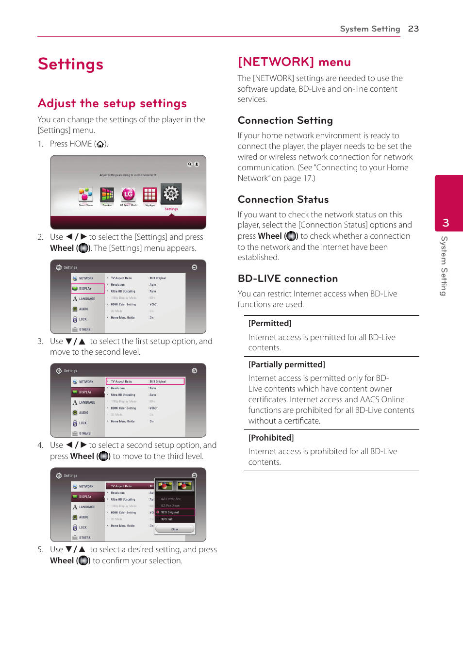 Settings, Adjust the setup settings, Network] menu | LG BP730 User Manual | Page 23 / 73