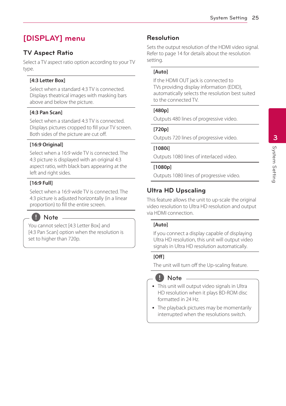 Display] menu, 25 – [display] menu | LG BP730 User Manual | Page 25 / 73