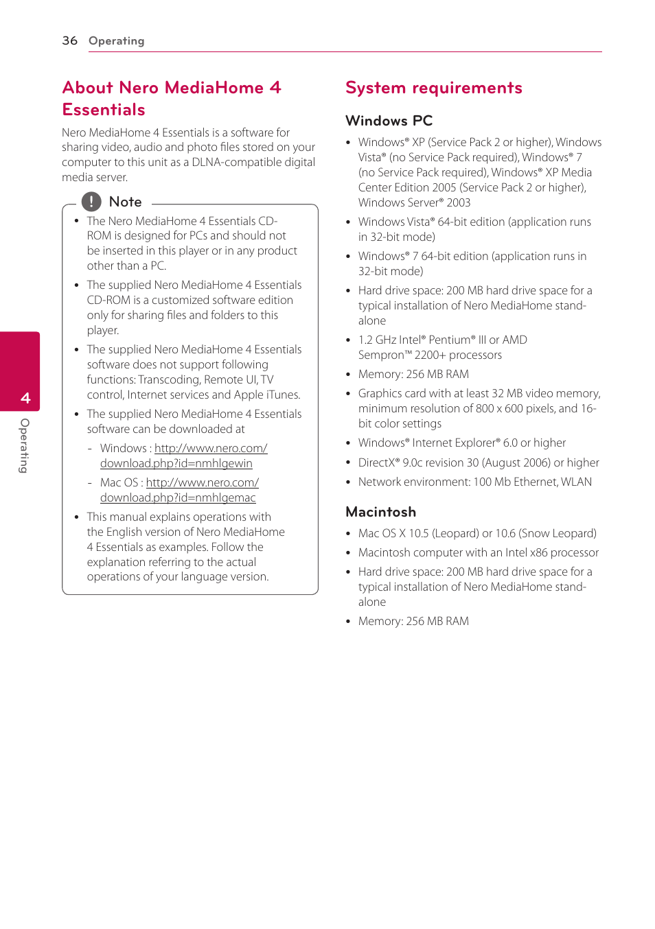 About nero mediahome 4 essentials, System requirements | LG BP730 User Manual | Page 36 / 73