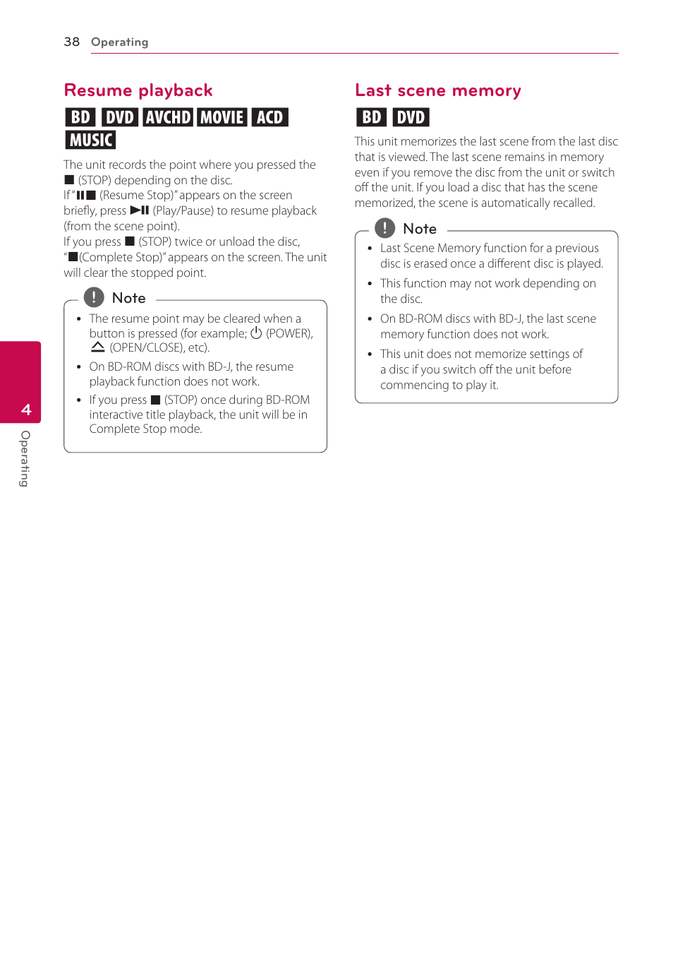 Resume playback, Last scene memory, 38 – resume playback 38 – last scene memory | Resume playback eroyt u | LG BP730 User Manual | Page 38 / 73