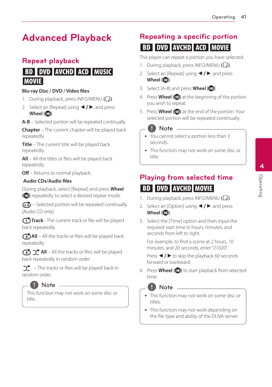 Advanced playback, Repeat playback, Repeating a specific portion | Playing from selected time, Repeat playback erotu y, Repeating a specific portion eroty, Playing from selected time eroy | LG BP730 User Manual | Page 41 / 73