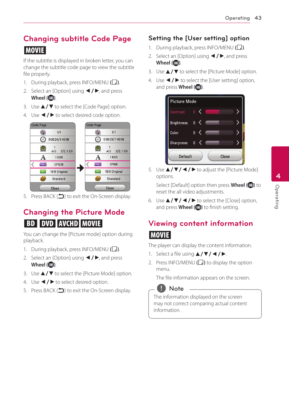 Changing the picture mode, Viewing content information, Changing subtitle code page y | Changing the picture mode eroy, Viewing content information y | LG BP730 User Manual | Page 43 / 73