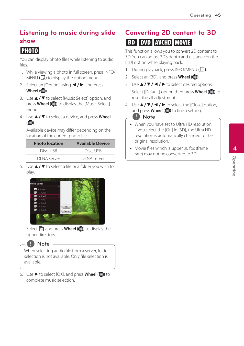 Listening to music during slide show, Converting 2d content to 3d, Listening to music during slide show i | Converting 2d content to 3d eroy | LG BP730 User Manual | Page 45 / 73