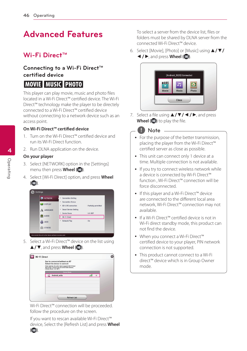 Advanced features, Wi-fi direct, 46 advanced features 46 – wi-fi direct | LG BP730 User Manual | Page 46 / 73