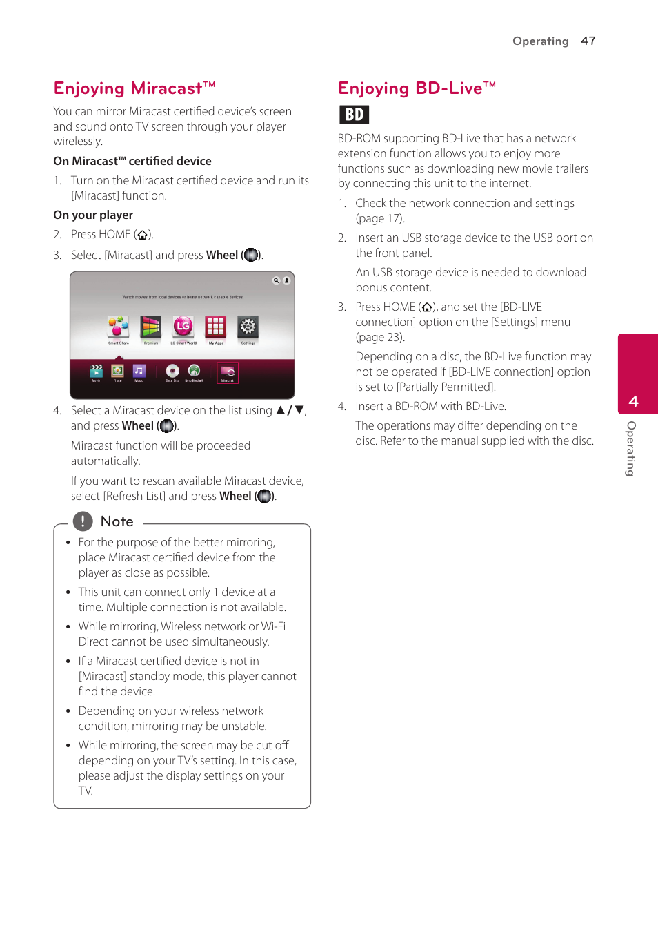 Enjoying miracast, Enjoying bd-live, 47 – enjoying miracast™ 47 – enjoying bd-live | Enjoying bd-live™ e | LG BP730 User Manual | Page 47 / 73