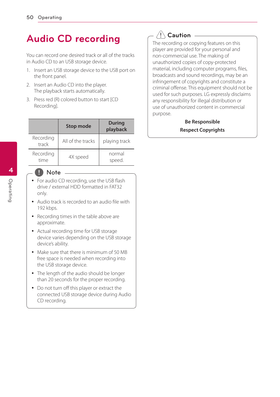 Audio cd recording, 50 audio cd recording | LG BP730 User Manual | Page 50 / 73