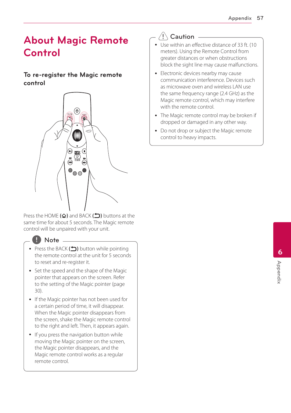 6 appendix, About magic remote control, 57 about magic remote control | LG BP730 User Manual | Page 57 / 73