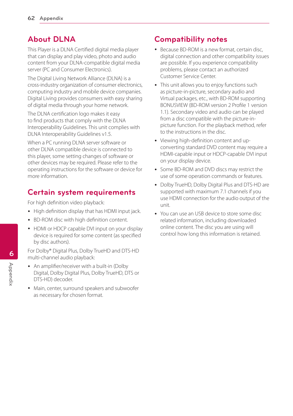 About dlna, Certain system requirements, Compatibility notes | LG BP730 User Manual | Page 62 / 73