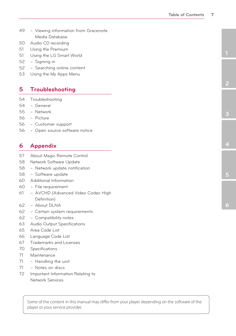 5 troubleshooting, 6 appendix | LG BP730 User Manual | Page 7 / 73