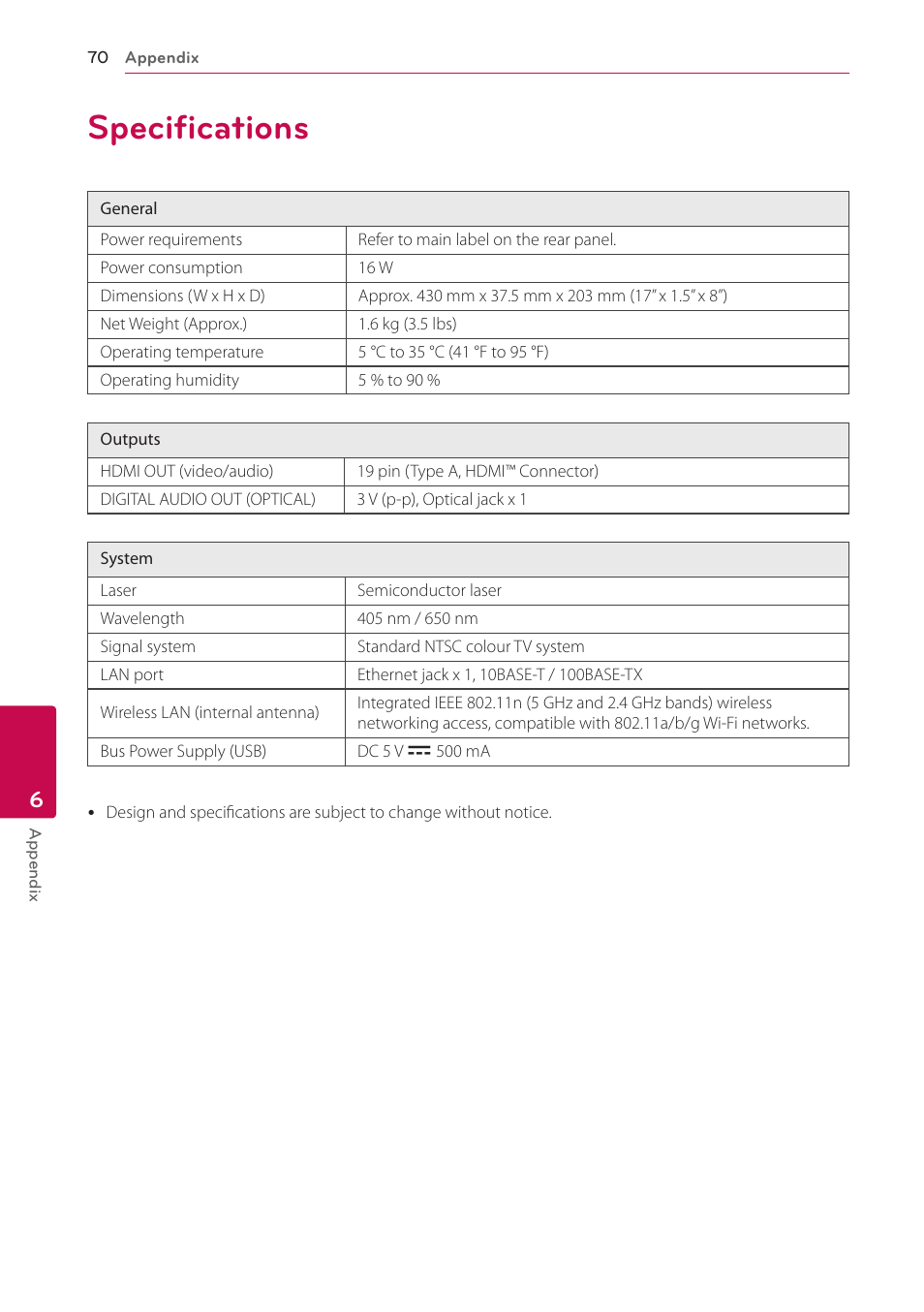 Specifications, 70 specifications | LG BP730 User Manual | Page 70 / 73