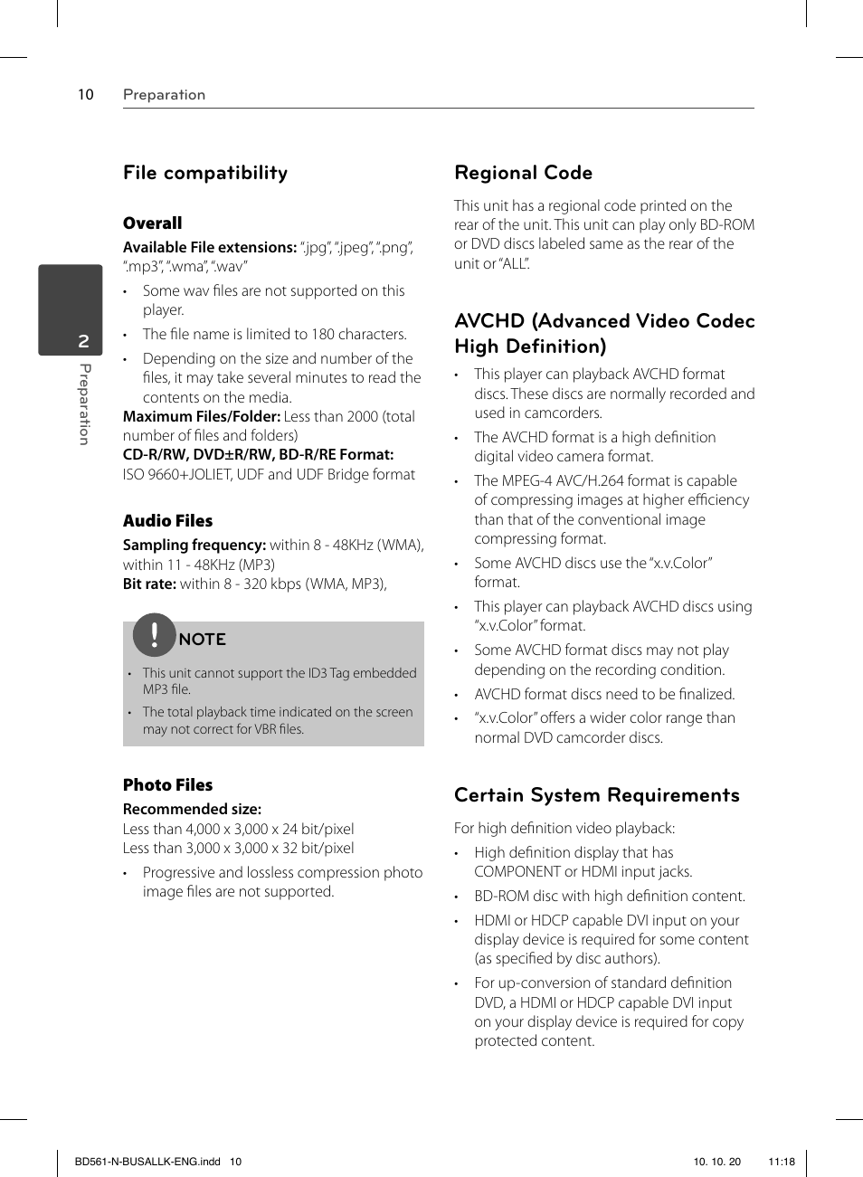 File compatibility, Regional code, Avchd (advanced video codec high deﬁ nition) | Certain system requirements | LG BD550 User Manual | Page 10 / 92