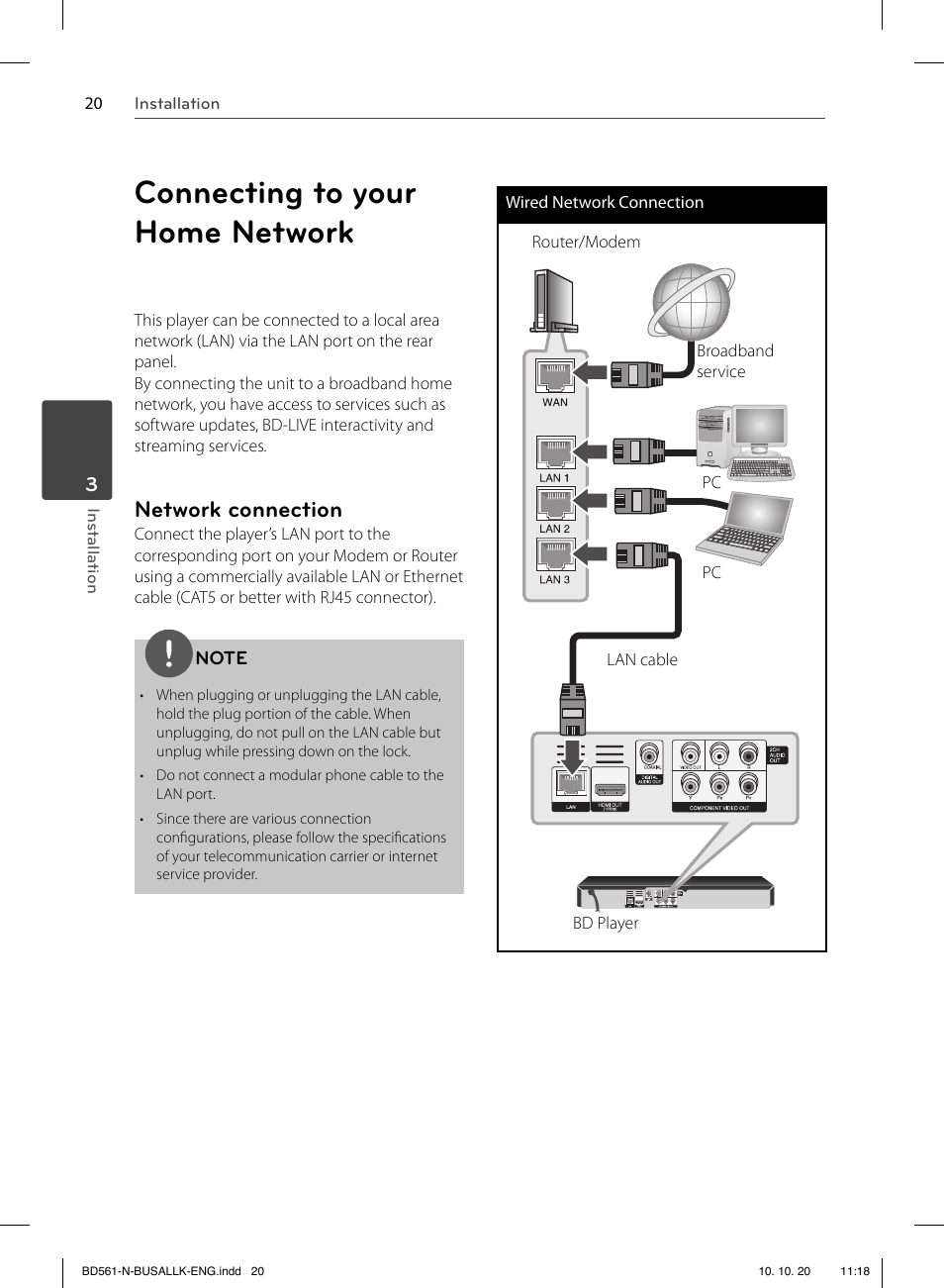 Connecting to your home network, Network connection | LG BD550 User Manual | Page 20 / 92