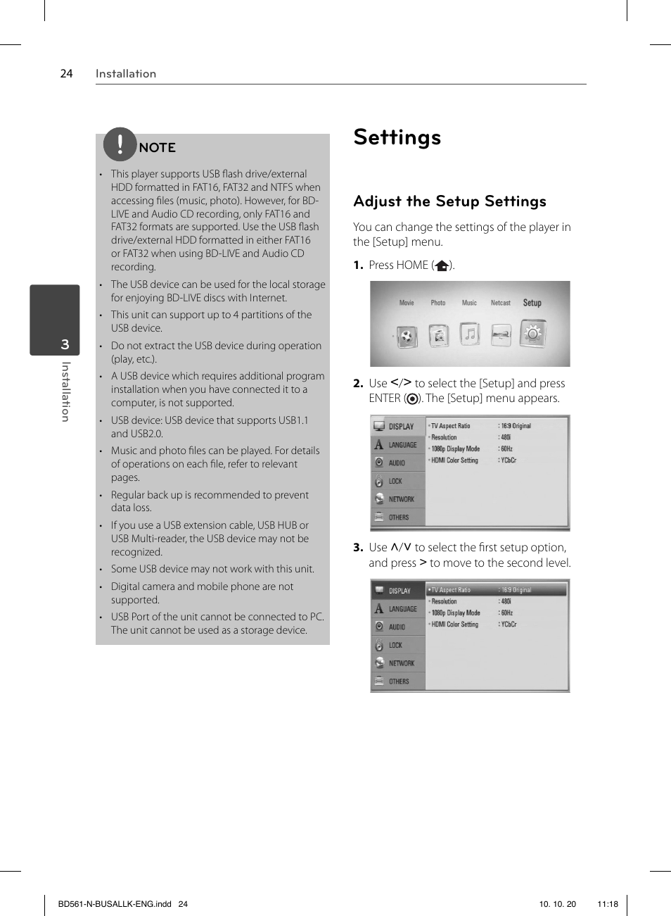 Settings, Adjust the setup settings | LG BD550 User Manual | Page 24 / 92