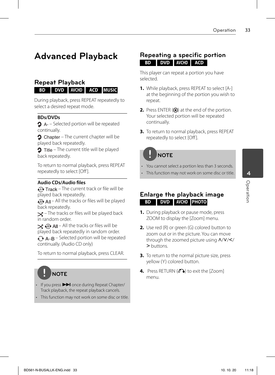 Advanced playback, Repeat playback, Repeating a speciﬁ c portion | Enlarge the playback image | LG BD550 User Manual | Page 33 / 92