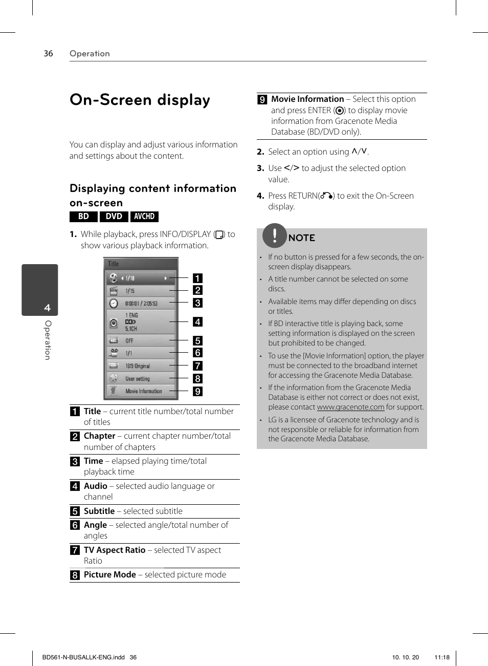 On-screen display, Displaying content information on-screen | LG BD550 User Manual | Page 36 / 92