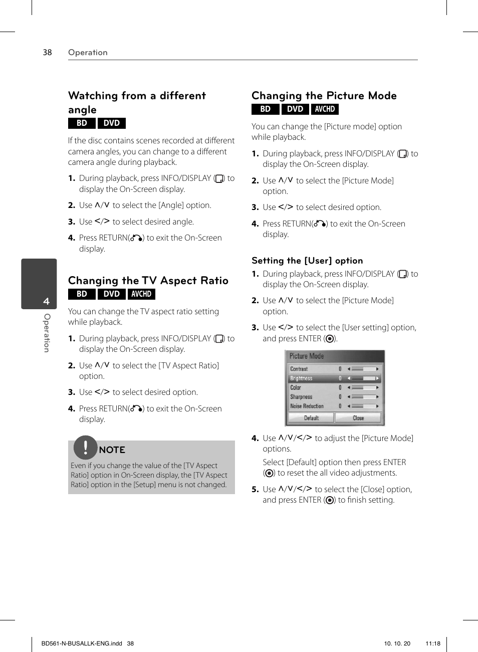 Watching from a different angle, Changing the tv aspect ratio, Changing the picture mode | LG BD550 User Manual | Page 38 / 92