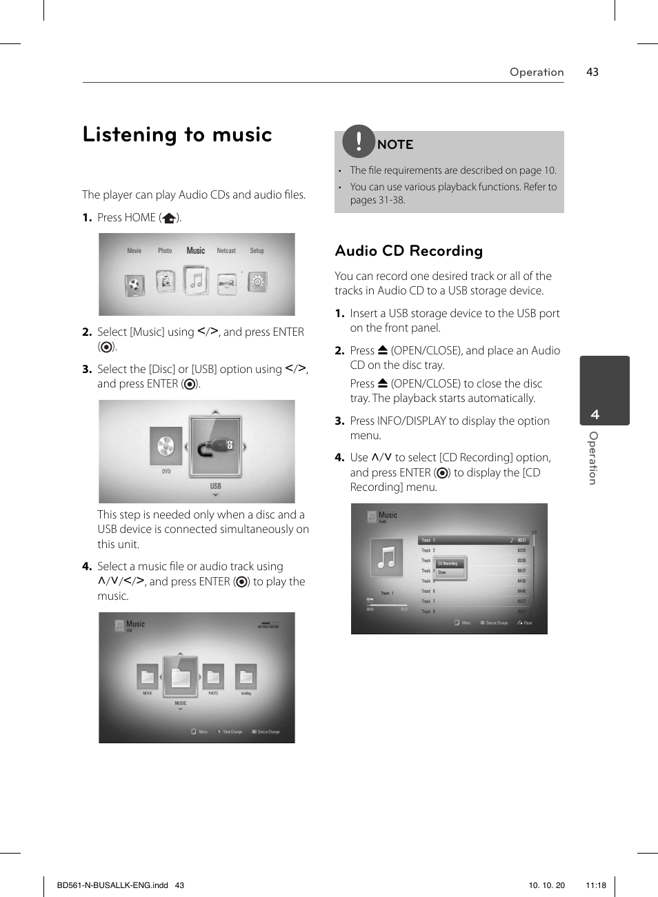 Listening to music, Audio cd recording | LG BD550 User Manual | Page 43 / 92