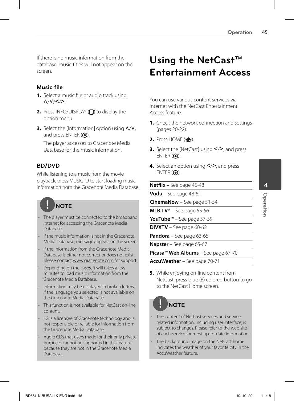 Using the netcast™ entertainment access | LG BD550 User Manual | Page 45 / 92