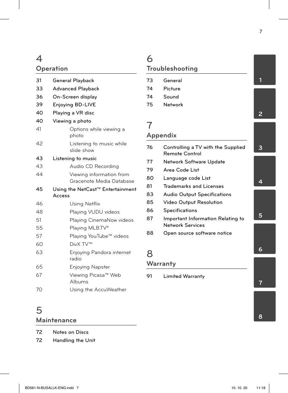 Operation, Maintenance, Troubleshooting | Appendix, Warranty | LG BD550 User Manual | Page 7 / 92