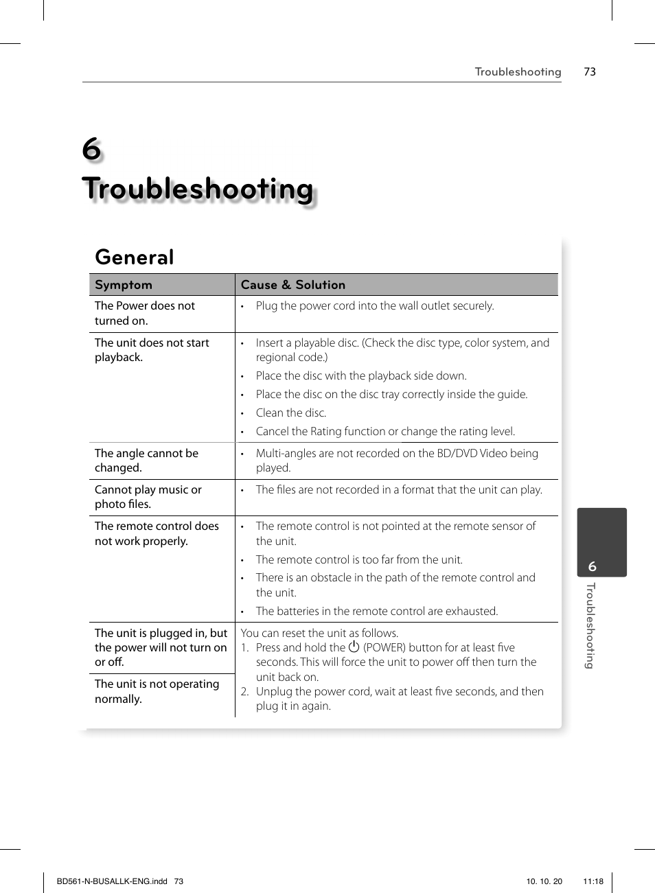 6 troubleshooting, General | LG BD550 User Manual | Page 73 / 92