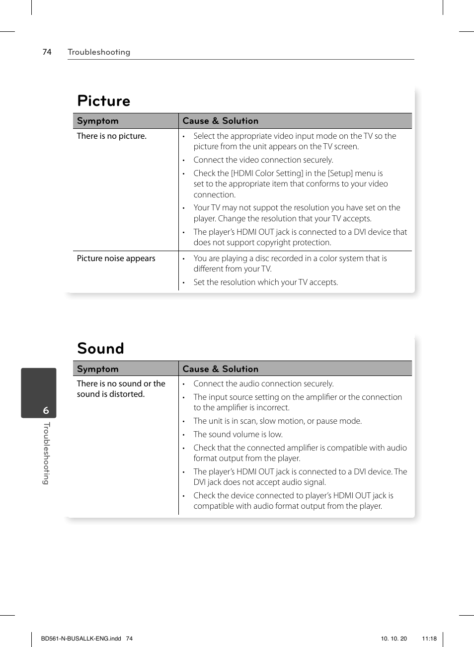 Picture, Sound | LG BD550 User Manual | Page 74 / 92