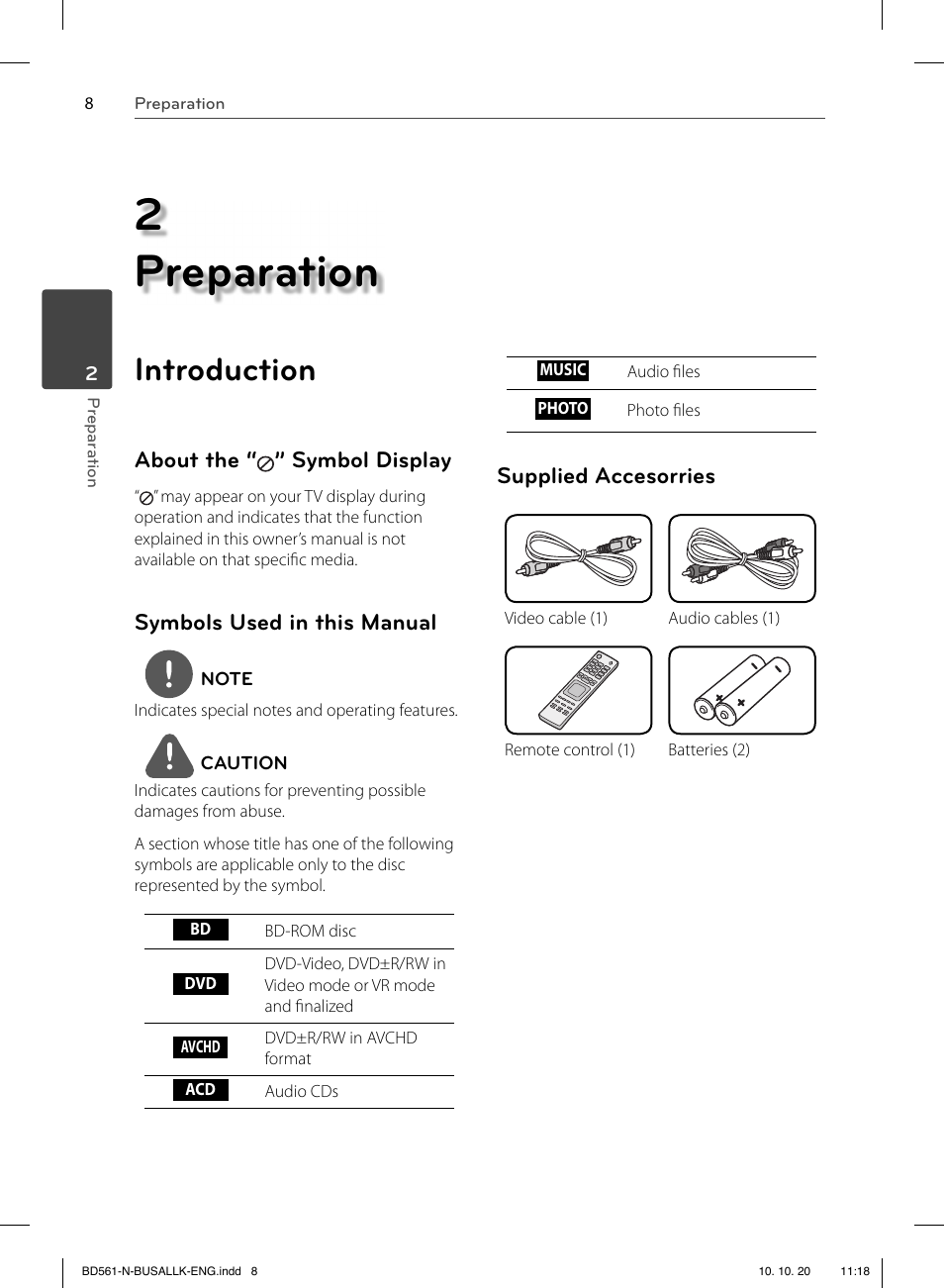 2 preparation, Introduction, About the “ ” symbol display | Symbols used in this manual, Supplied accesorries | LG BD550 User Manual | Page 8 / 92