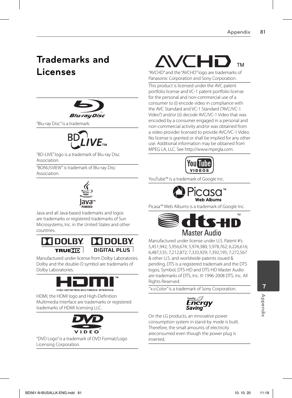 Trademarks and licenses | LG BD550 User Manual | Page 81 / 92