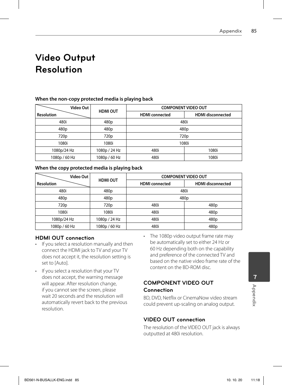 Video output resolution, Hdmi out connection, Component video out connection | Video out connection | LG BD550 User Manual | Page 85 / 92